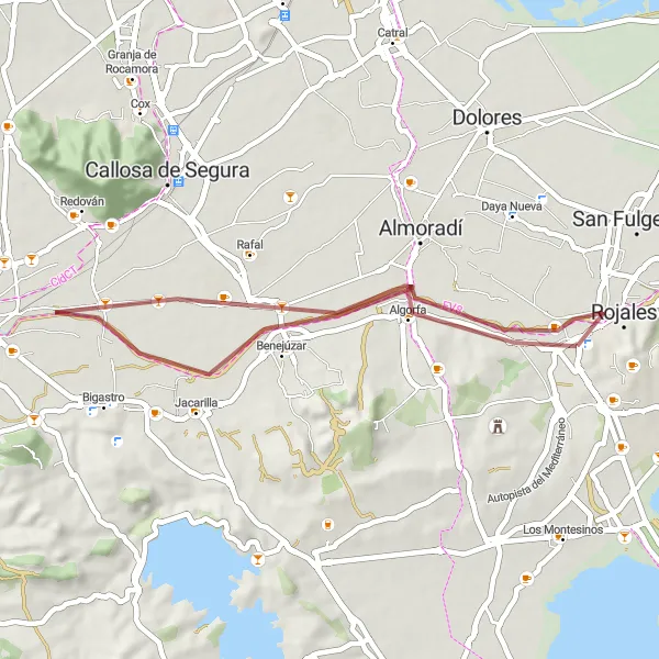 Miniatua del mapa de inspiración ciclista "Ruta de gravilla desde Benijófar a lo largo de 37 km" en Comunitat Valenciana, Spain. Generado por Tarmacs.app planificador de rutas ciclistas