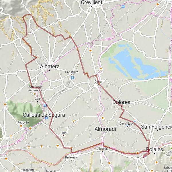 Miniaturní mapa "Gravelová trasa Rojales - Cuevas del Rodeo" inspirace pro cyklisty v oblasti Comunitat Valenciana, Spain. Vytvořeno pomocí plánovače tras Tarmacs.app