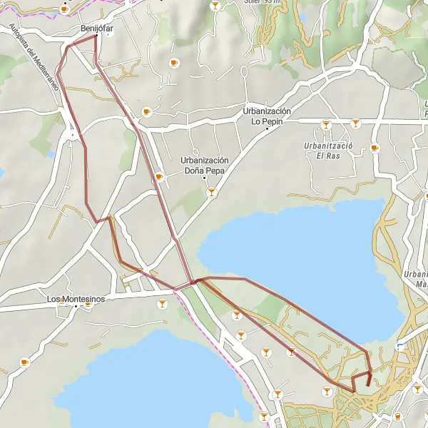 Miniature de la carte de l'inspiration cycliste "Parcours Gravel à travers Laguna de la Mata" dans la Comunitat Valenciana, Spain. Générée par le planificateur d'itinéraire cycliste Tarmacs.app