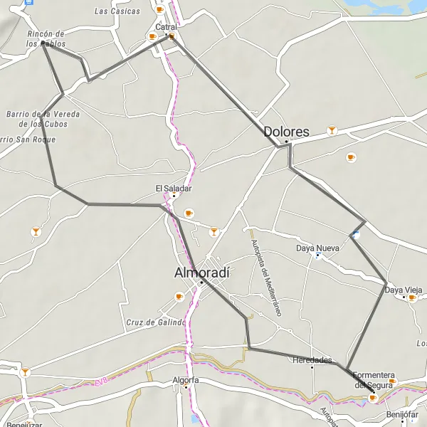 Miniatura della mappa di ispirazione al ciclismo "Giro in Bici Stradale di Formentera del Segura" nella regione di Comunitat Valenciana, Spain. Generata da Tarmacs.app, pianificatore di rotte ciclistiche