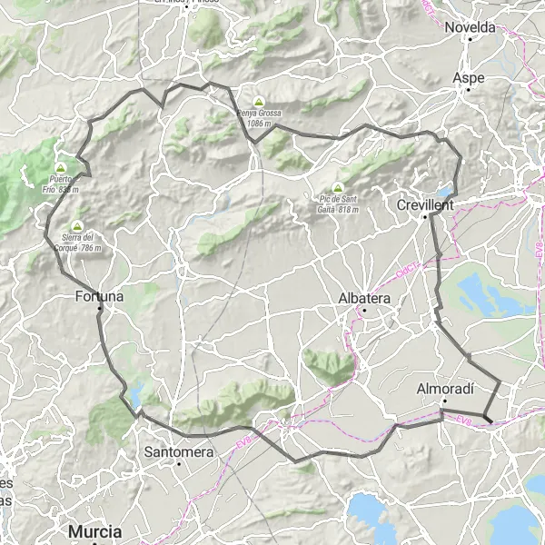 Miniaturní mapa "Náročná silniční trasa mezi Bigastro a Benijófar" inspirace pro cyklisty v oblasti Comunitat Valenciana, Spain. Vytvořeno pomocí plánovače tras Tarmacs.app