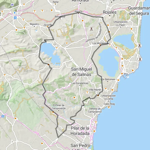 Map miniature of "Challenging Climbs: Los Montesinos and Benejúzar" cycling inspiration in Comunitat Valenciana, Spain. Generated by Tarmacs.app cycling route planner