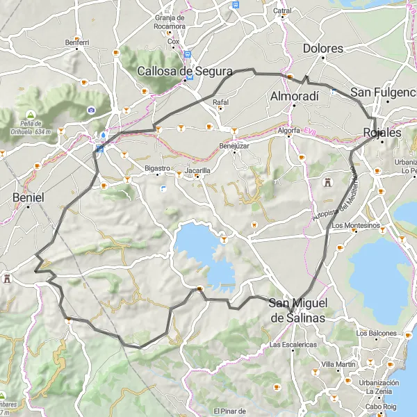 Miniatua del mapa de inspiración ciclista "Ruta por carretera desde Benijófar a lo largo de 79 km" en Comunitat Valenciana, Spain. Generado por Tarmacs.app planificador de rutas ciclistas