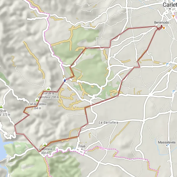 Map miniature of "Tous and Coll de Cotilles Gravel Adventure" cycling inspiration in Comunitat Valenciana, Spain. Generated by Tarmacs.app cycling route planner