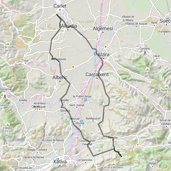 Map miniature of "Carcaixent and Castellet de Virella Loop" cycling inspiration in Comunitat Valenciana, Spain. Generated by Tarmacs.app cycling route planner