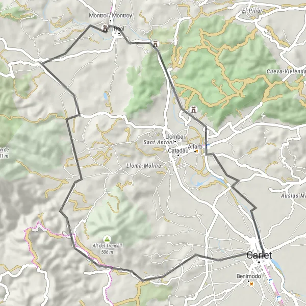 Map miniature of "Els Tres Pins and Montroi Road Route" cycling inspiration in Comunitat Valenciana, Spain. Generated by Tarmacs.app cycling route planner