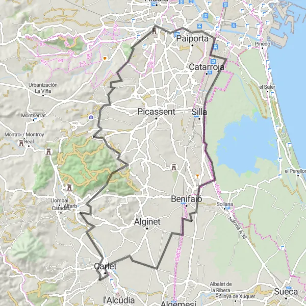 Miniatua del mapa de inspiración ciclista "Ruta Ciclista en carretera de larga distancia cerca de Benimodo" en Comunitat Valenciana, Spain. Generado por Tarmacs.app planificador de rutas ciclistas