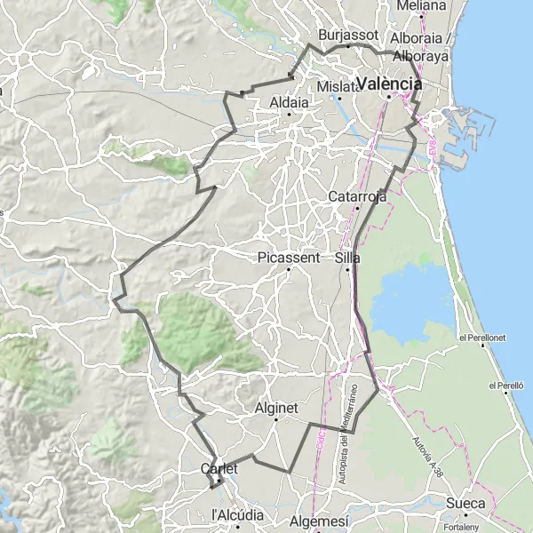 Map miniature of "The Three Valleys Loop" cycling inspiration in Comunitat Valenciana, Spain. Generated by Tarmacs.app cycling route planner