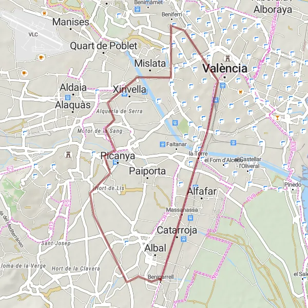 Miniatura della mappa di ispirazione al ciclismo "Percorso in bicicletta da Beniparrell alla Seta Exchange" nella regione di Comunitat Valenciana, Spain. Generata da Tarmacs.app, pianificatore di rotte ciclistiche