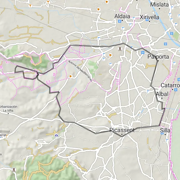 Miniatua del mapa de inspiración ciclista "Ruta en Bicicleta de Carretera desde Beniparrell" en Comunitat Valenciana, Spain. Generado por Tarmacs.app planificador de rutas ciclistas