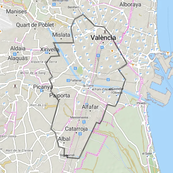 Miniatua del mapa de inspiración ciclista "Ruta Ciclista a Beniparrell: Albal, Silk Exchange y Llocnou de la Corona" en Comunitat Valenciana, Spain. Generado por Tarmacs.app planificador de rutas ciclistas