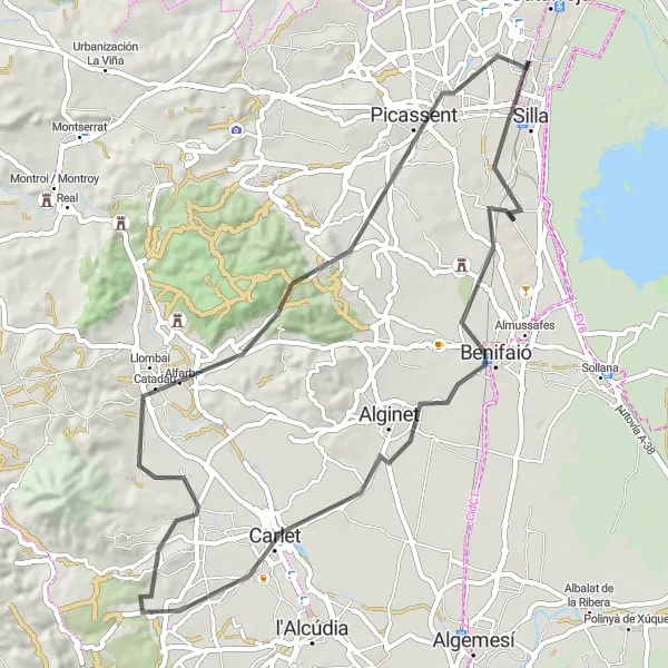Miniaturní mapa "Okružní cyklistická trasa Beniparrell - Benifaió - Benimodo - Catadau - Alcàsser" inspirace pro cyklisty v oblasti Comunitat Valenciana, Spain. Vytvořeno pomocí plánovače tras Tarmacs.app