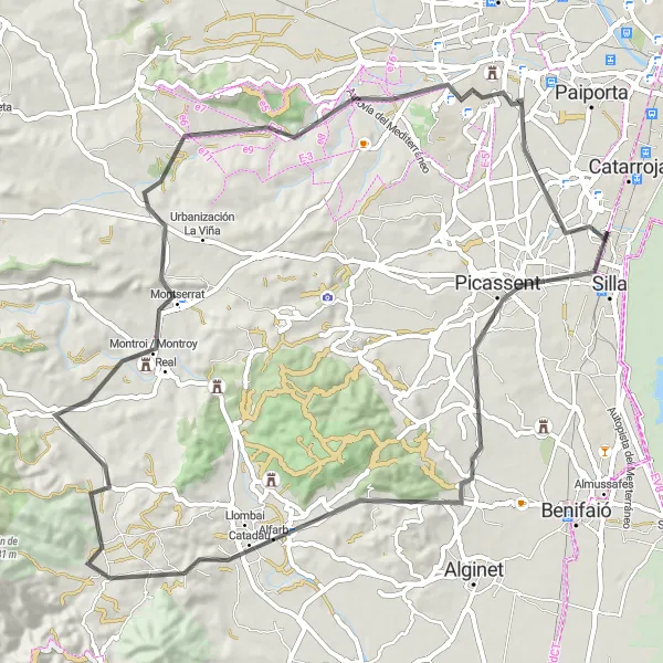 Miniatua del mapa de inspiración ciclista "Ruta Ciclista a Beniparrell: Alcàsser, Catadau, Montserrat y Torrent" en Comunitat Valenciana, Spain. Generado por Tarmacs.app planificador de rutas ciclistas