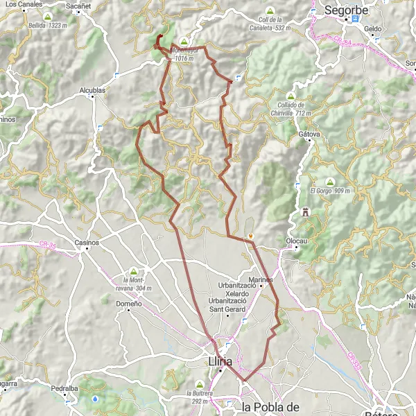 Miniatua del mapa de inspiración ciclista "Ruta de ciclismo de gravel desde Benisanó a Marines" en Comunitat Valenciana, Spain. Generado por Tarmacs.app planificador de rutas ciclistas