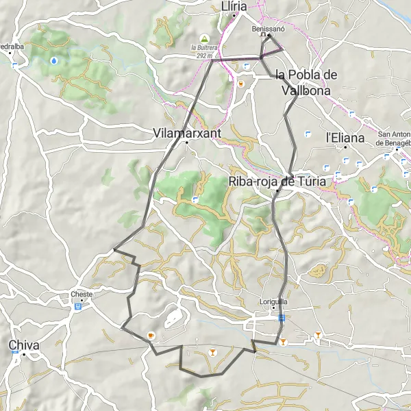 Map miniature of "Valencian Countryside Loop" cycling inspiration in Comunitat Valenciana, Spain. Generated by Tarmacs.app cycling route planner