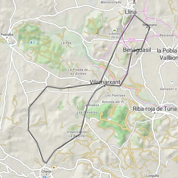 Miniatura della mappa di ispirazione al ciclismo "Esperienza ciclistica tra Benisanó e la Buitrera" nella regione di Comunitat Valenciana, Spain. Generata da Tarmacs.app, pianificatore di rotte ciclistiche