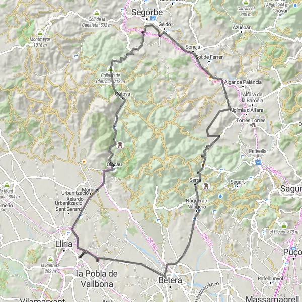 Miniaturní mapa "Road cycling adventure from Benisanó" inspirace pro cyklisty v oblasti Comunitat Valenciana, Spain. Vytvořeno pomocí plánovače tras Tarmacs.app