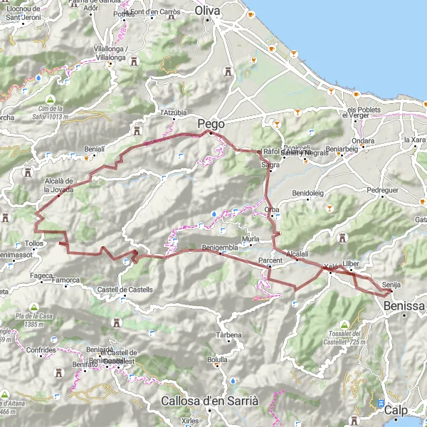 Miniatura della mappa di ispirazione al ciclismo "Percorso in gravel nelle vicinanze di Benissa" nella regione di Comunitat Valenciana, Spain. Generata da Tarmacs.app, pianificatore di rotte ciclistiche