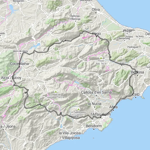 Miniaturní mapa "Okružní trasa Benissa - Calp - Altea - Finestrat - Lloma de l'Ull del Moro - Senija" inspirace pro cyklisty v oblasti Comunitat Valenciana, Spain. Vytvořeno pomocí plánovače tras Tarmacs.app