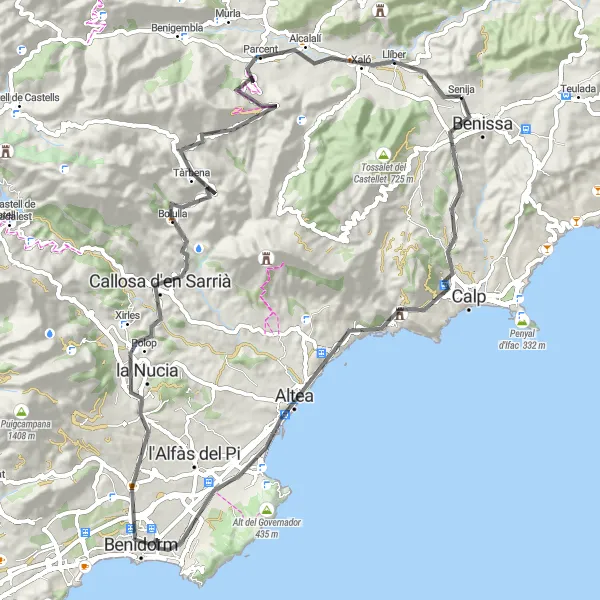 Miniatura della mappa di ispirazione al ciclismo "Esplorazione in bici tra Benissa e Altea" nella regione di Comunitat Valenciana, Spain. Generata da Tarmacs.app, pianificatore di rotte ciclistiche