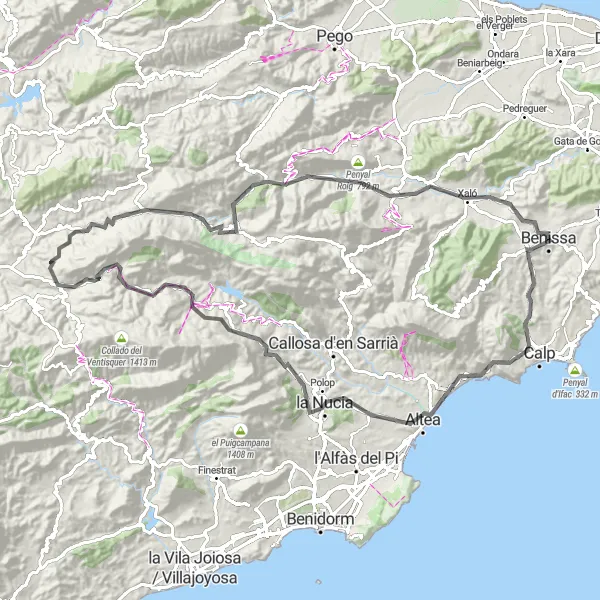 Map miniature of "The Valencian Windings" cycling inspiration in Comunitat Valenciana, Spain. Generated by Tarmacs.app cycling route planner