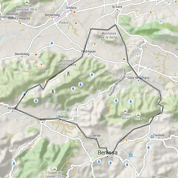 Map miniature of "Cycling through Benissa and Alcalalí" cycling inspiration in Comunitat Valenciana, Spain. Generated by Tarmacs.app cycling route planner