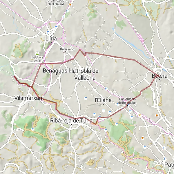 Miniatua del mapa de inspiración ciclista "Ruta en bicicleta de gravilla desde Bétera hasta Riba-roja de Túria" en Comunitat Valenciana, Spain. Generado por Tarmacs.app planificador de rutas ciclistas