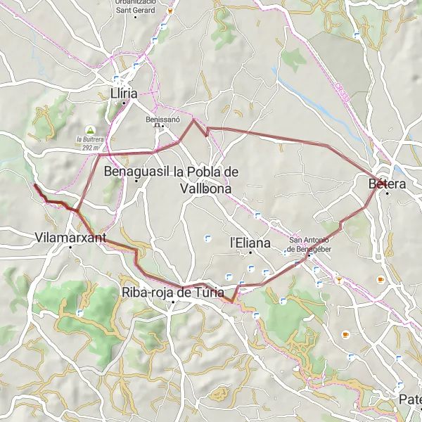 Map miniature of "Riba-roja Gravel Loop" cycling inspiration in Comunitat Valenciana, Spain. Generated by Tarmacs.app cycling route planner