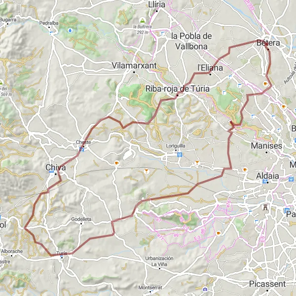 Miniatuurkaart van de fietsinspiratie "89 kilometer grind fietsroute van Bétera via Chiva naar Marisán" in Comunitat Valenciana, Spain. Gemaakt door de Tarmacs.app fietsrouteplanner