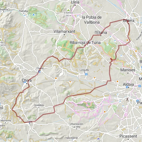 Miniatura della mappa di ispirazione al ciclismo "Giro in bicicletta sterrato da Bétera a Riba-roja de Túria" nella regione di Comunitat Valenciana, Spain. Generata da Tarmacs.app, pianificatore di rotte ciclistiche