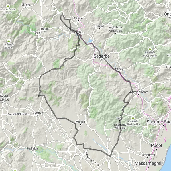 Miniatuurkaart van de fietsinspiratie "140 kilometer weg fietsroute van Bétera naar Las cuevas" in Comunitat Valenciana, Spain. Gemaakt door de Tarmacs.app fietsrouteplanner