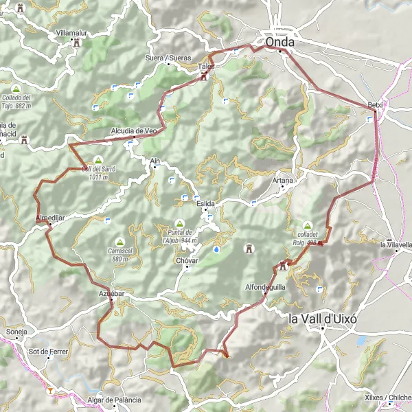 Map miniature of "Discover Azuébar on Gravel" cycling inspiration in Comunitat Valenciana, Spain. Generated by Tarmacs.app cycling route planner