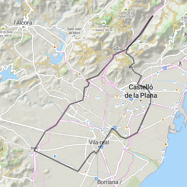 Miniatura della mappa di ispirazione al ciclismo "Giro in bici da Betxí a Villarreal" nella regione di Comunitat Valenciana, Spain. Generata da Tarmacs.app, pianificatore di rotte ciclistiche