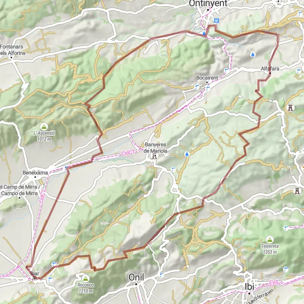 Miniaturní mapa "Gravelová výzva okolo Biar" inspirace pro cyklisty v oblasti Comunitat Valenciana, Spain. Vytvořeno pomocí plánovače tras Tarmacs.app