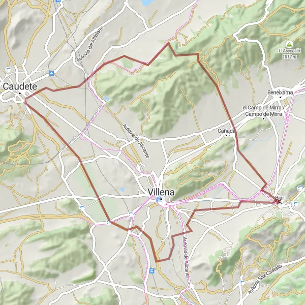 Miniature de la carte de l'inspiration cycliste "Boucle de Biar et Caudete" dans la Comunitat Valenciana, Spain. Générée par le planificateur d'itinéraire cycliste Tarmacs.app