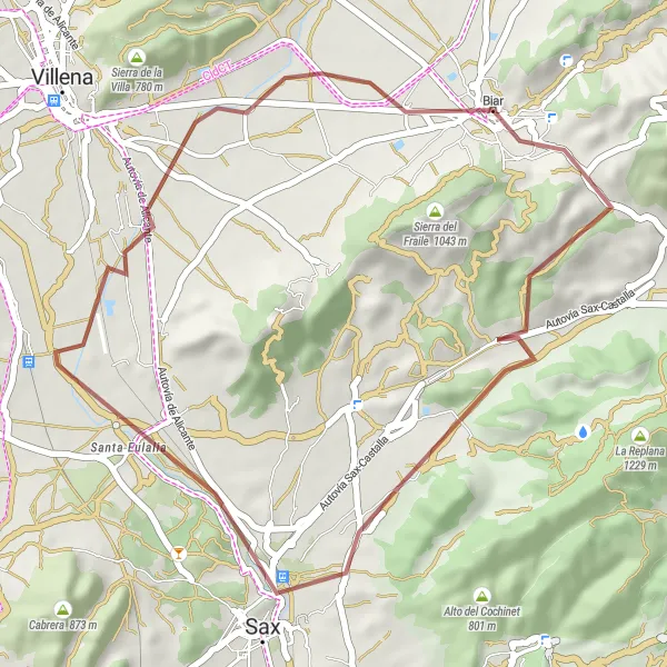 Miniaturní mapa "Through the Hills to Sax Castle" inspirace pro cyklisty v oblasti Comunitat Valenciana, Spain. Vytvořeno pomocí plánovače tras Tarmacs.app