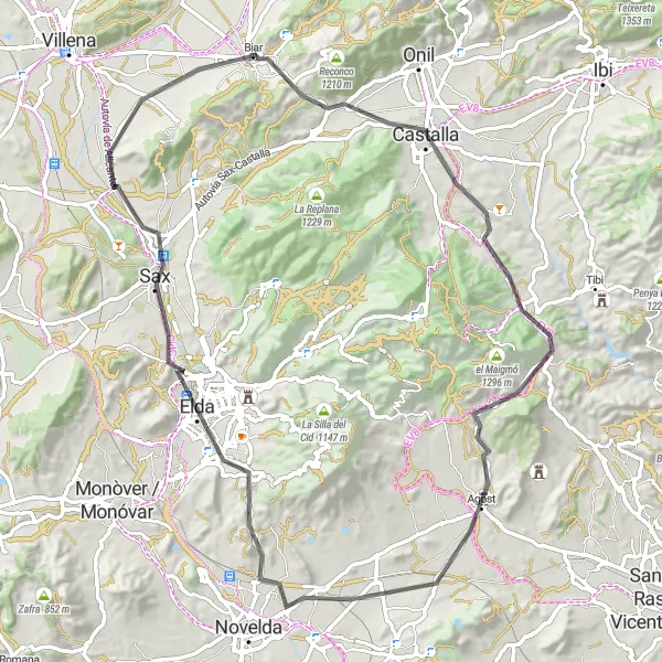 Miniature de la carte de l'inspiration cycliste "Parcours à la découverte des trésors de la région de Biar" dans la Comunitat Valenciana, Spain. Générée par le planificateur d'itinéraire cycliste Tarmacs.app