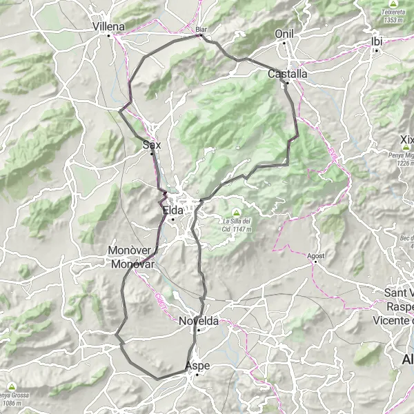 Miniaturní mapa "Road Tour through Petrer" inspirace pro cyklisty v oblasti Comunitat Valenciana, Spain. Vytvořeno pomocí plánovače tras Tarmacs.app