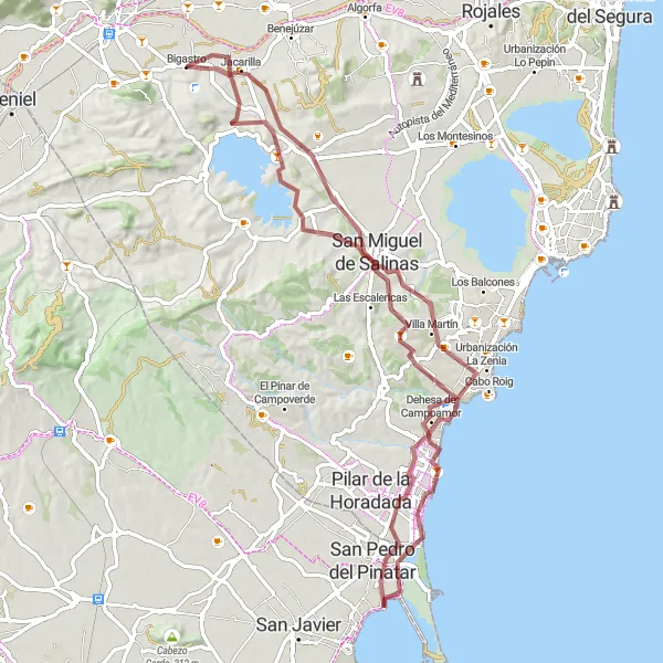 Miniatua del mapa de inspiración ciclista "Ruta de gravilla comenzando en Bigastro" en Comunitat Valenciana, Spain. Generado por Tarmacs.app planificador de rutas ciclistas