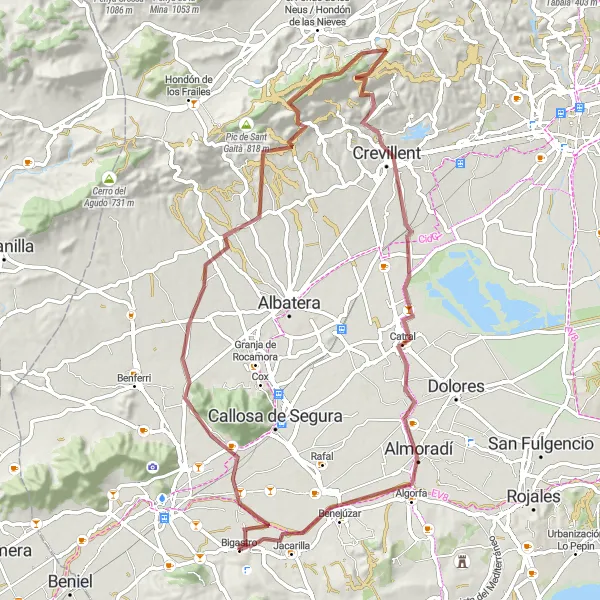 Karten-Miniaturansicht der Radinspiration "Gravel-Abenteuer von Bigastro nach Benejúzar" in Comunitat Valenciana, Spain. Erstellt vom Tarmacs.app-Routenplaner für Radtouren