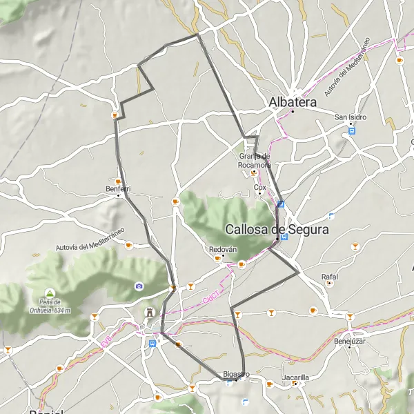 Miniatua del mapa de inspiración ciclista "Ruta ciclista desde Bigastro hasta Granja de Rocamora" en Comunitat Valenciana, Spain. Generado por Tarmacs.app planificador de rutas ciclistas