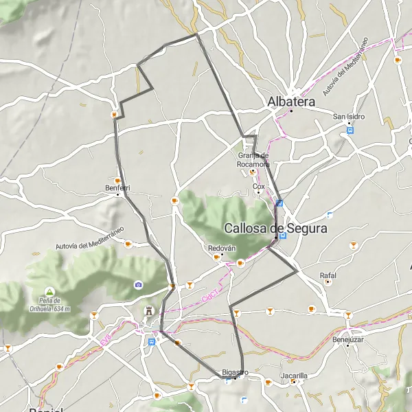 Map miniature of "Orihuela Loop" cycling inspiration in Comunitat Valenciana, Spain. Generated by Tarmacs.app cycling route planner