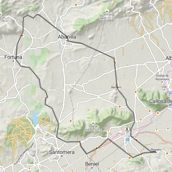 Miniatua del mapa de inspiración ciclista "Ruta de carretera comenzando en Bigastro" en Comunitat Valenciana, Spain. Generado por Tarmacs.app planificador de rutas ciclistas