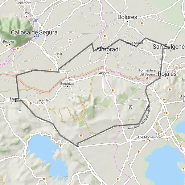 Miniatua del mapa de inspiración ciclista "Ruta de carretera comenzando en Bigastro" en Comunitat Valenciana, Spain. Generado por Tarmacs.app planificador de rutas ciclistas
