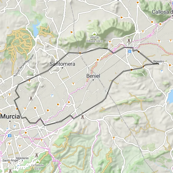 Miniature de la carte de l'inspiration cycliste "Les collines de Murcie" dans la Comunitat Valenciana, Spain. Générée par le planificateur d'itinéraire cycliste Tarmacs.app