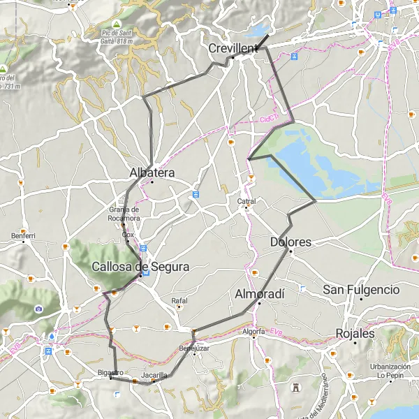 Miniatua del mapa de inspiración ciclista "Ruta ciclista desde Bigastro hasta Dolores" en Comunitat Valenciana, Spain. Generado por Tarmacs.app planificador de rutas ciclistas