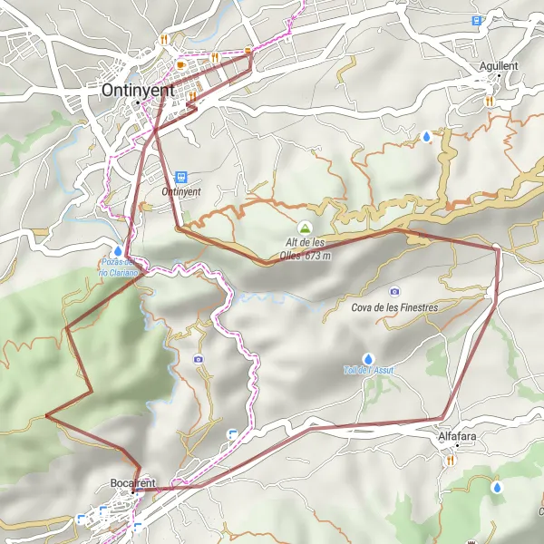 Miniature de la carte de l'inspiration cycliste "Parcours des Oliviers d'Ontinyent" dans la Comunitat Valenciana, Spain. Générée par le planificateur d'itinéraire cycliste Tarmacs.app