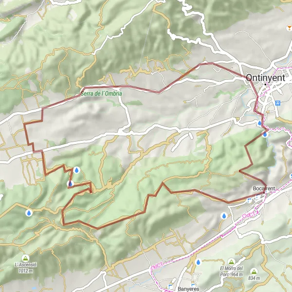 Miniatua del mapa de inspiración ciclista "Ruta de Grava Bocairent-Ontinyent-Vuelta a Bocairent" en Comunitat Valenciana, Spain. Generado por Tarmacs.app planificador de rutas ciclistas
