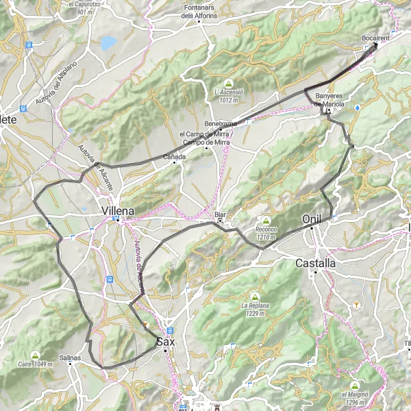 Miniatura della mappa di ispirazione al ciclismo "Giro in bicicletta da Bocairent a Beneixama" nella regione di Comunitat Valenciana, Spain. Generata da Tarmacs.app, pianificatore di rotte ciclistiche