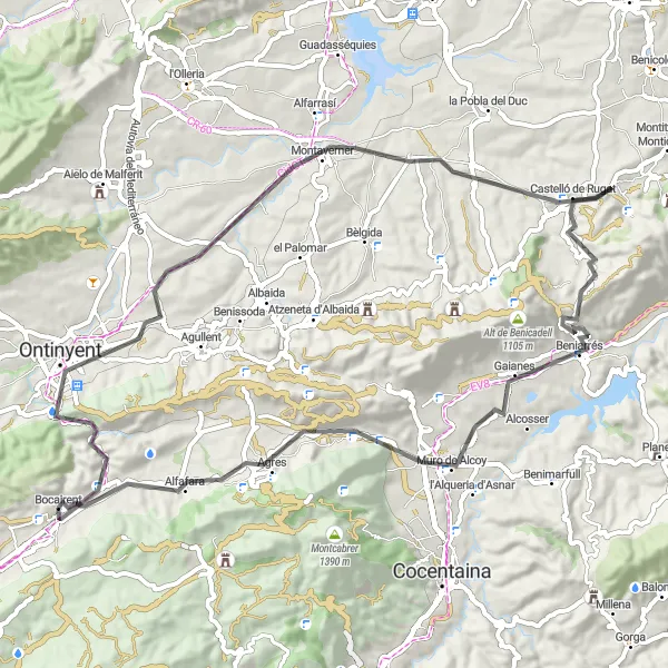 Miniatura mapy "Trasa szosowa Bocairent - Plaça de Bous - Ontinyent - Bufali - Ráfol de Salem - Alt de Pinaro - Penya Grossa - Agres - Bocairent" - trasy rowerowej w Comunitat Valenciana, Spain. Wygenerowane przez planer tras rowerowych Tarmacs.app